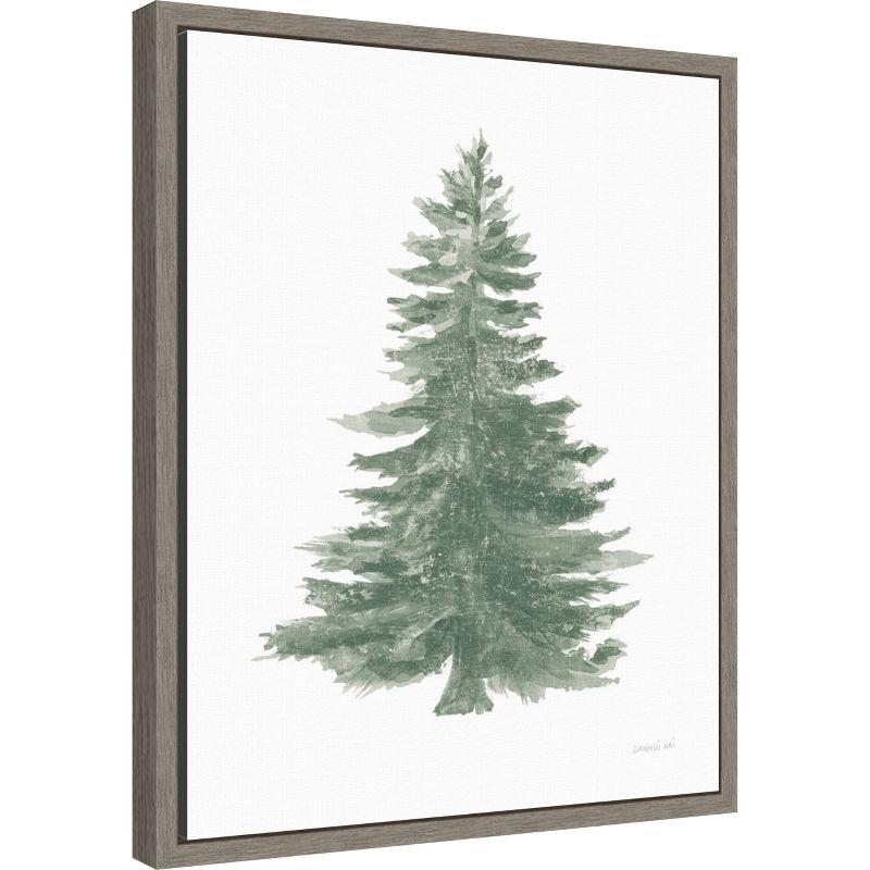 Holiday Tree Green and White Canvas Print with Gray Frame