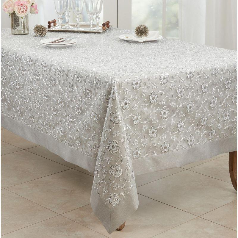 Saro Lifestyle Floral Design Embroidered Tablecloth, Silver, 65" x 120"