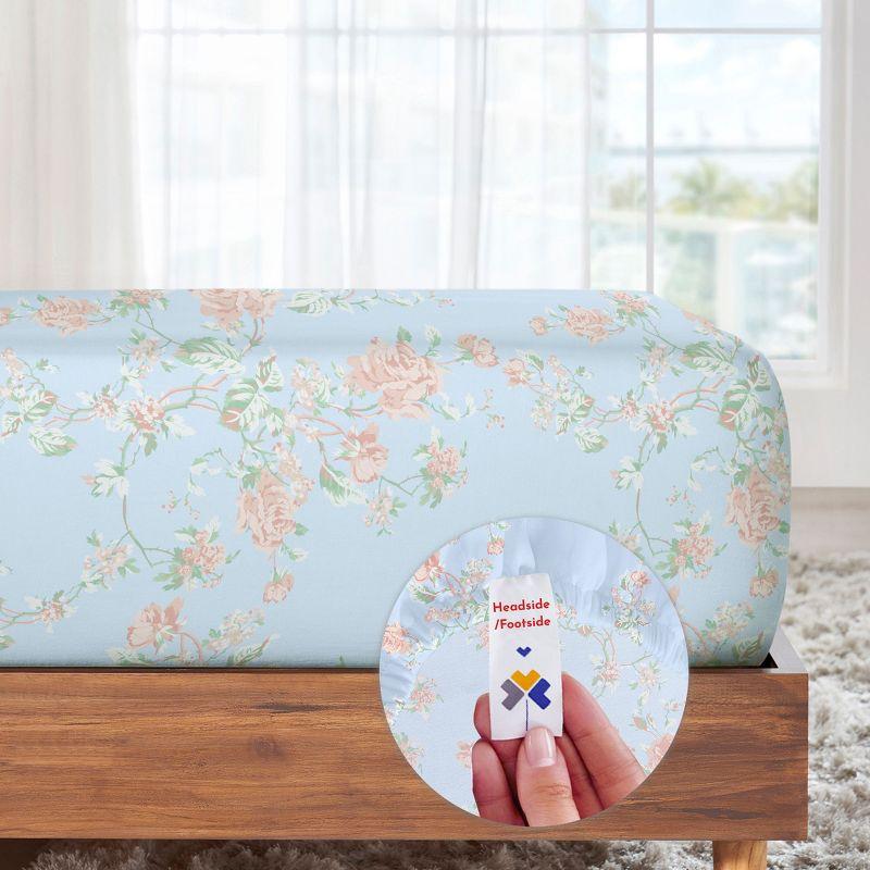 400 Thread Count 100% Cotton Printed Antique Rose Light Blue 4 Piece Sheet Set - Full - California Design Den