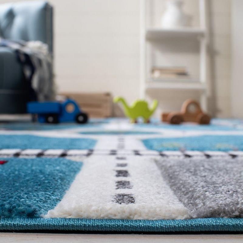 Turquoise and Ivory Kids' Square Play Rug with Train Track Design