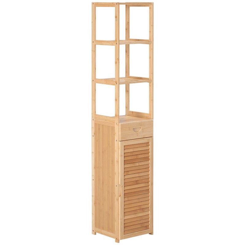 kleankin Tall Bathroom Cabinet with Drawer and Slatted Shelves, Slim Bamboo Linen Tower with Louvered Door, Natural