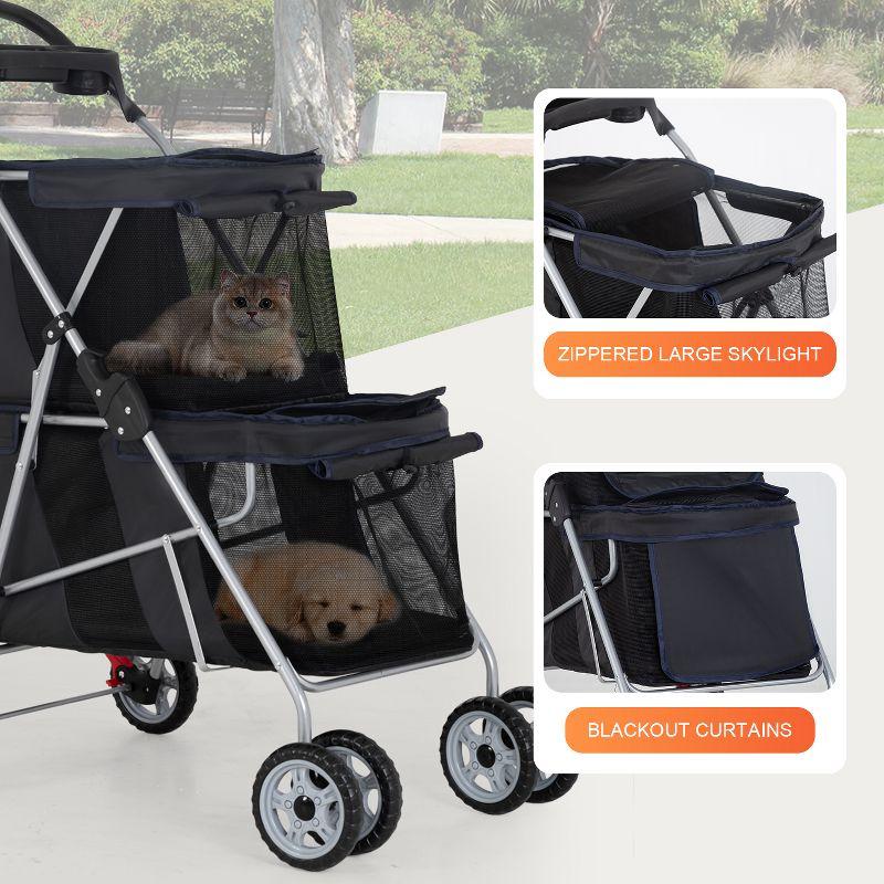 Black Double Decker Folding Pet Stroller with Mesh Windows