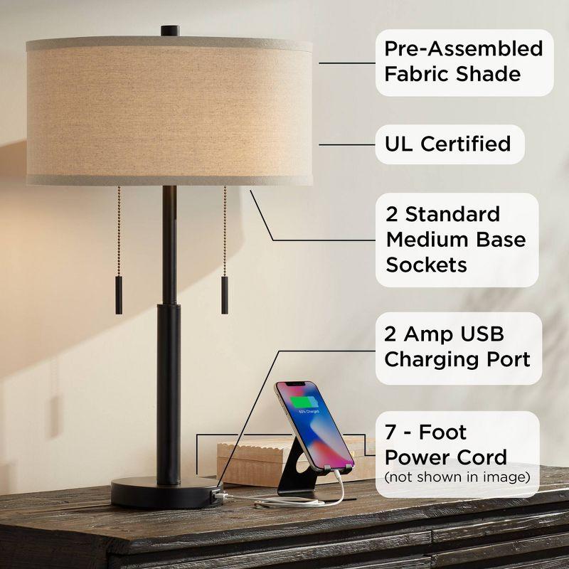 Franklin Iron Works Bernie Industrial Table Lamps 25" High Set of 2 Rich Bronze with USB Charging Port Tan Drum Shade for Bedroom Living Room Bedside