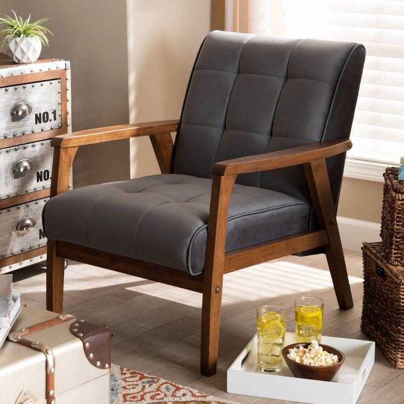 Mid-Century Modern Gray Velvet Accent Chair with Walnut Wood Frame