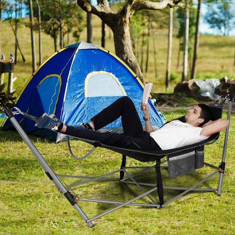 Costway Folding Hammock Indoor & Outdoor Hammock with Side Pocket & Iron Stand Black
