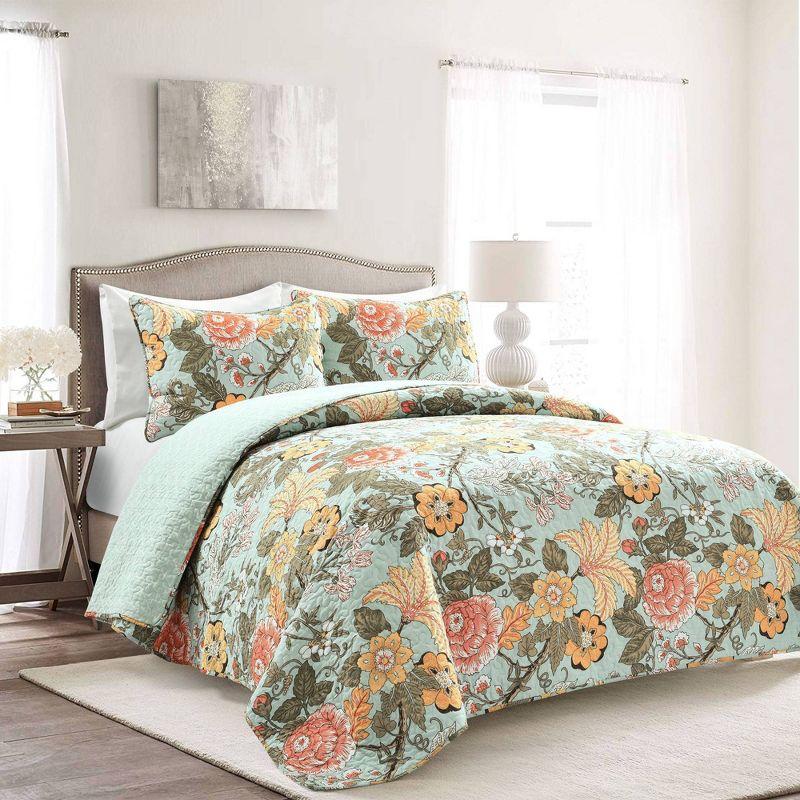 King Blue Green Cotton Reversible Floral Quilt Set