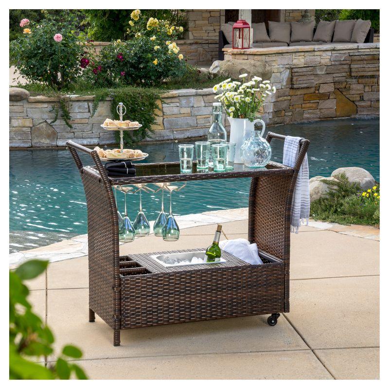 GDFStudio Lourdes Outdoor Wicker and Aluminum Serving Bar Cart, Multibrown