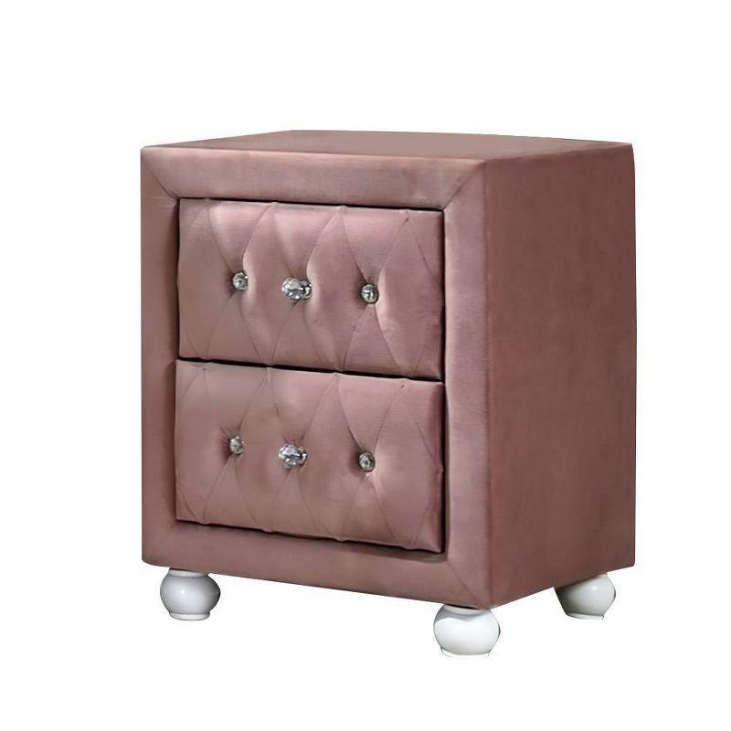 17" Reggie Nightstand Pink Fabric - Acme Furniture: Crystal-like Detail, Wood Bun Legs, Safety Stop Drawer