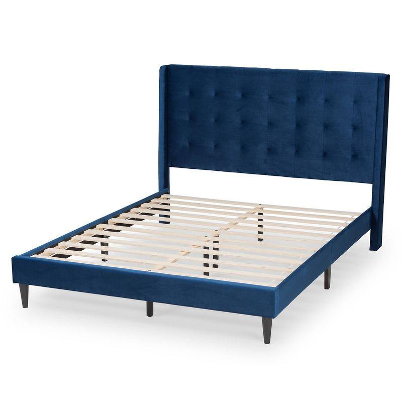 Elegant Navy Blue Velvet King Platform Bed with Tufted Wingback Headboard