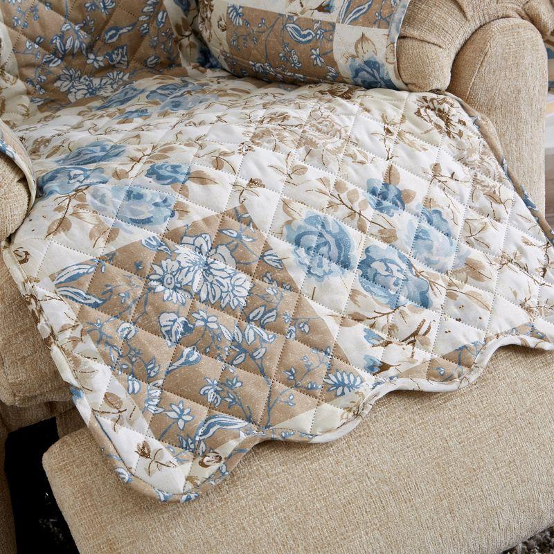 Great Bay Home Floral Patchwork Reversible Furniture Protector  (Recliner, Taupe / Blue)