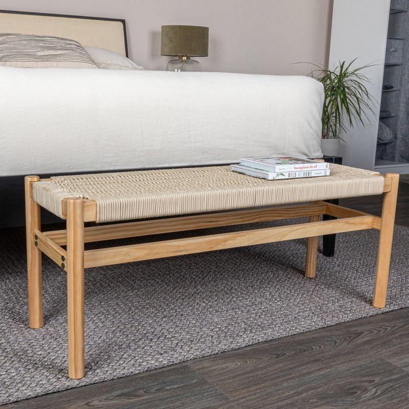 Cream Solid Wood and Woven Rope Entryway Bench with Storage