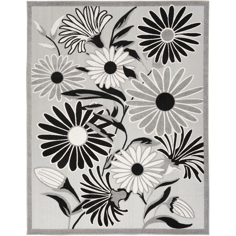 Nourison Aloha Daisy Flower Flatweave High-Low Indoor Outdoor Area Rug Black White 5'3" x 7'5"