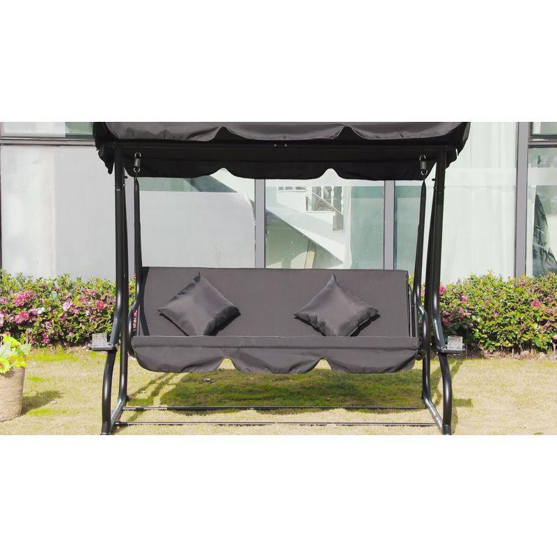 Outsunny 3 Seat Outdoor Free Standing Swing Bench Porch Swing with Stand, Comfortable Cushioned Fabric & Included Canopy, Gray