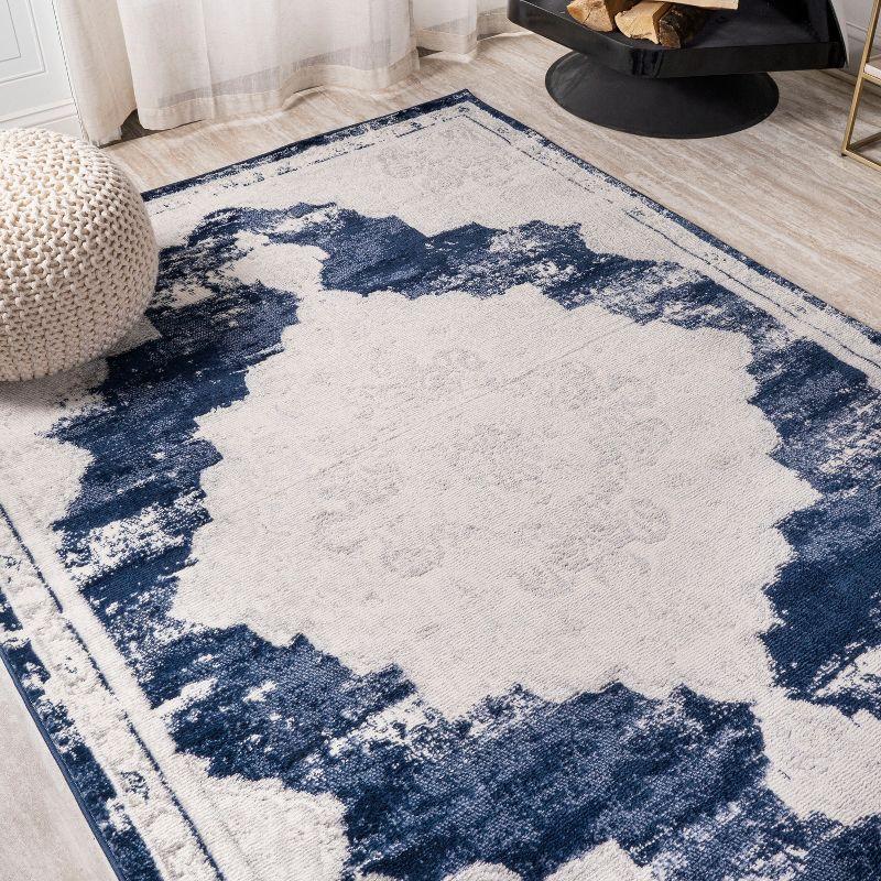 8'x10' Alhambra Ornate Medallion Modern Area Rug, Ivory/Navy - JONATHAN Y