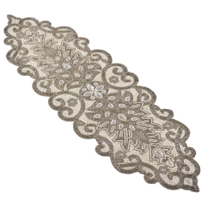 Saro Lifestyle Beaded Jeweled Scroll Motif Elegant Glam Design Table Runner, Silver, 12" x 38"
