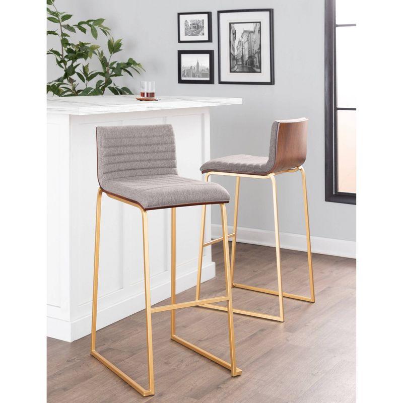 LumiSource Set of 2 Mason Mara Barstools Gold/Walnut/Gray: Upholstered, Fixed Height, Metal Frame