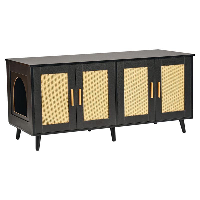 VEVOR Cat Litter Box Enclosure for 2 Cats, Litter Box Furniture Hidden with Rattan Decorated Doors, Wooden Cat Box Cabinet, Black