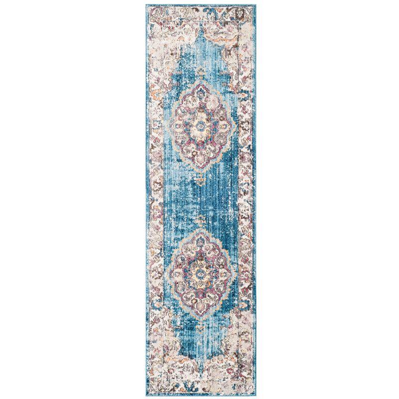 Blue and Light Grey Hand-Knotted Synthetic Runner Rug