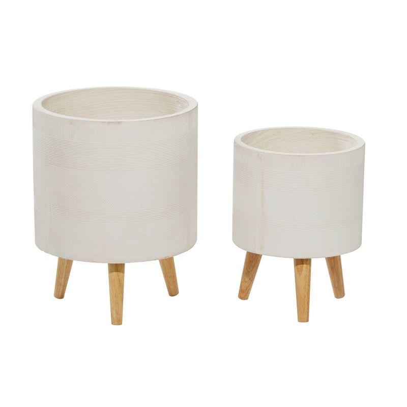 Set of 2 White Fiberclay Planters with Wooden Legs