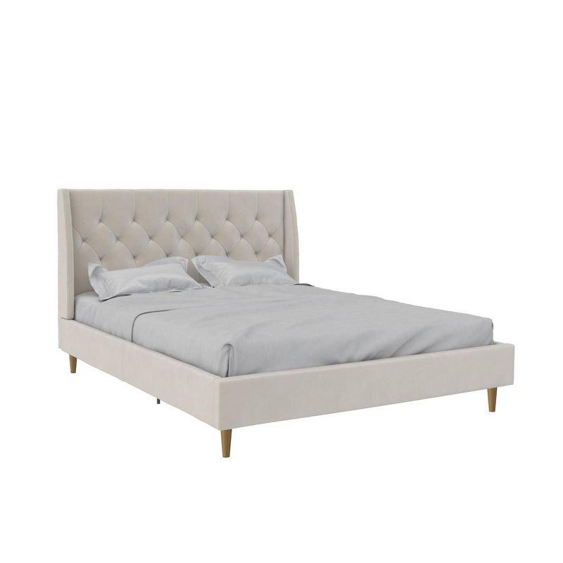 Ivory Velvet Queen Platform Bed with Diamond Tufted Wingback Headboard