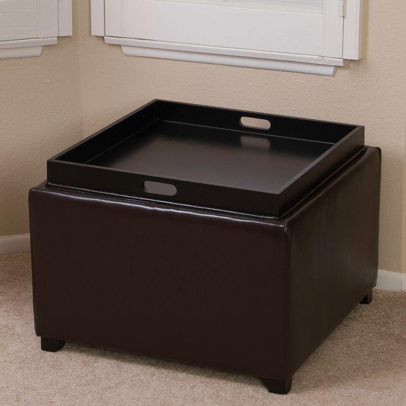 Wellington Leather Tray Top Storage Ottoman Brown - Christopher Knight Home: Footstool, Hardwood Frame