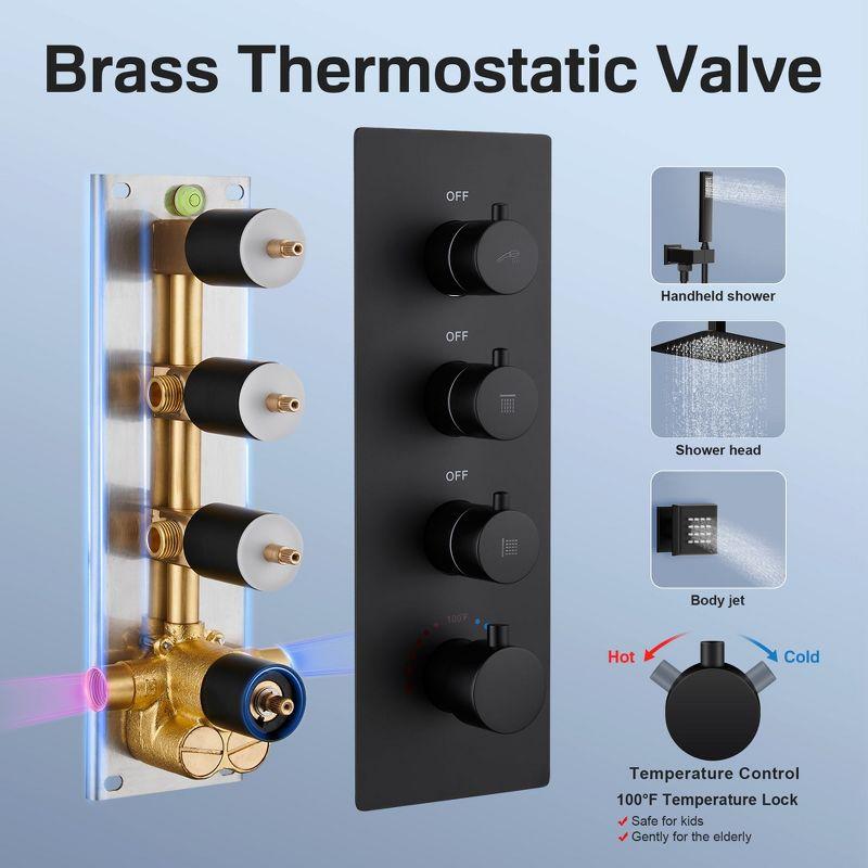 3-Function LED Light Thermostatic Rainfall Shower System with 6 Body Jets and Rough-in Valve
