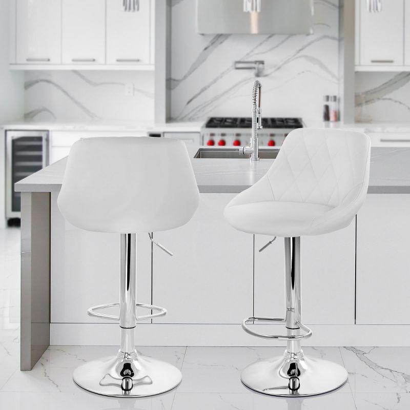 Elama 2 Piece Diamond Stitched Faux Leather Bar Stool in White with Chrome Base  and Adjustable Height
