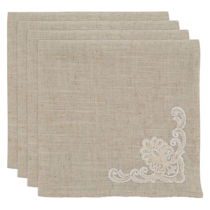 Natural Linen Blend Embroidered Table Napkins, Set of 4