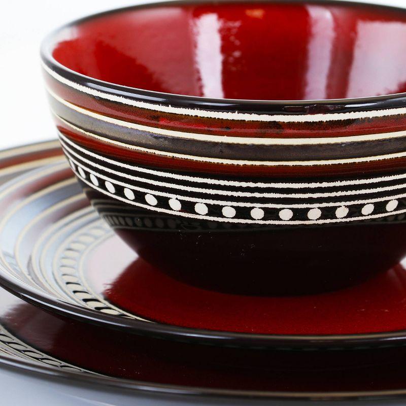 Gibson Home 16pc Stoneware Cafe Versailles Double Bowl Dinnerware Set Red: Geometric Dishware, Microwave & Dishwasher Safe