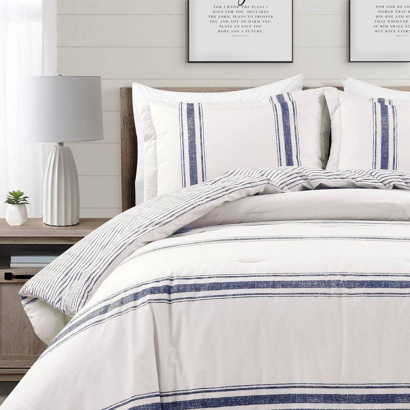 Lush Décor 3pc California King Farmhouse Stripe Reversible Oversized Comforter Set Navy Blue: Machine Washable, OEKO-TEX Certified