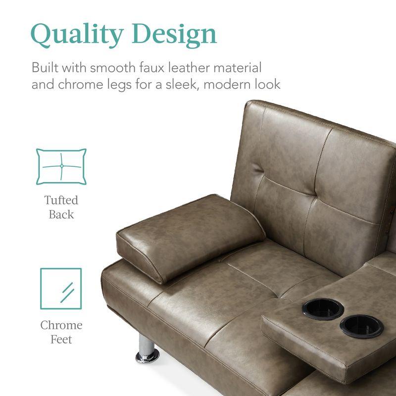 Best Choice Products Modern Faux Leather Convertible Futon Sofa w/ Removable Armrests, 2 Cupholders - Gray