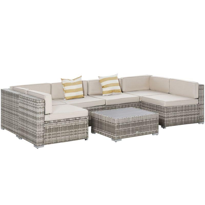 Outsunny 7-Piece Patio Furniture Set, Outdoor Wicker Conversation Set, All Weather PE Rattan Sectional Sofa w/ Faux Wood Table, Stripe Pillows, Beige