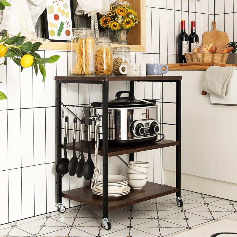 Tangkula Kitchen Baker's Rack 3-Tier Microwave Cart with Wheels&10 Hooks Rustic Brown/Maple/Vintage/Nut Brown