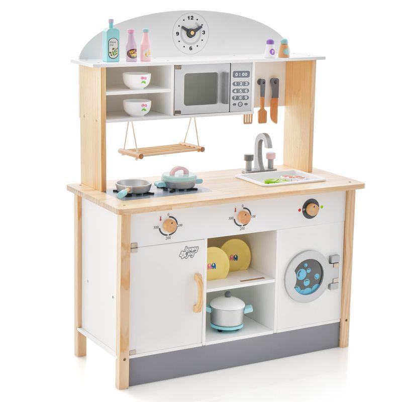 Costway Kids Play Kitchen Set Wooden Pretend Toy w/Microwave Oven & Cooking Accessories