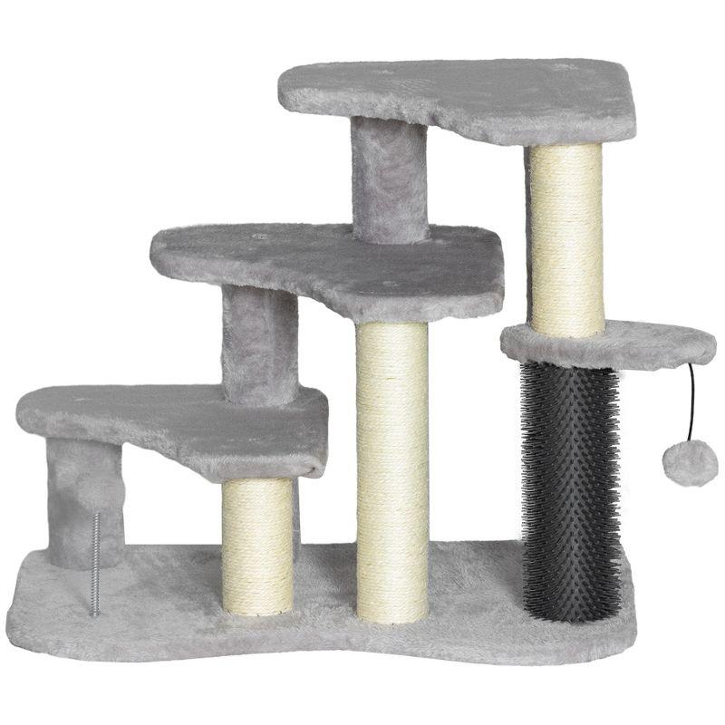 PawHut 20" Cat Tree, 2 in 1 Cat Tower 3-Step Pet Stairs with Scratching Posts, Tickling Post, Toy Balls, for High Beds, Couch, Sofa, Light Gray