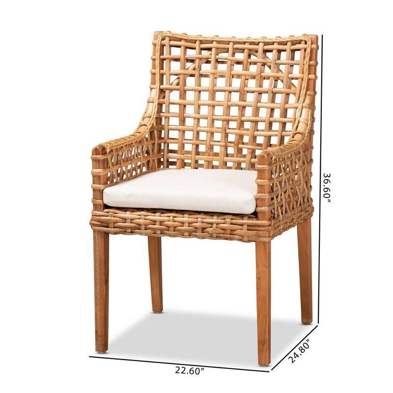 bali & pari Saoka Wood and Rattan Armchair Natural Brown/White: Polyester Upholstered, No Assembly Required