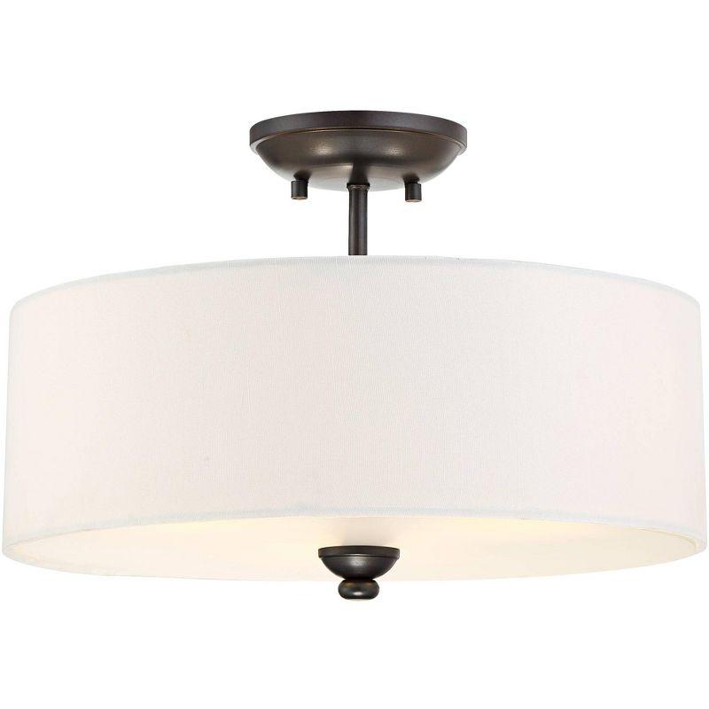 Lathan Bronze 16" Semi-Flush Drum Ceiling Light with White Linen Shade