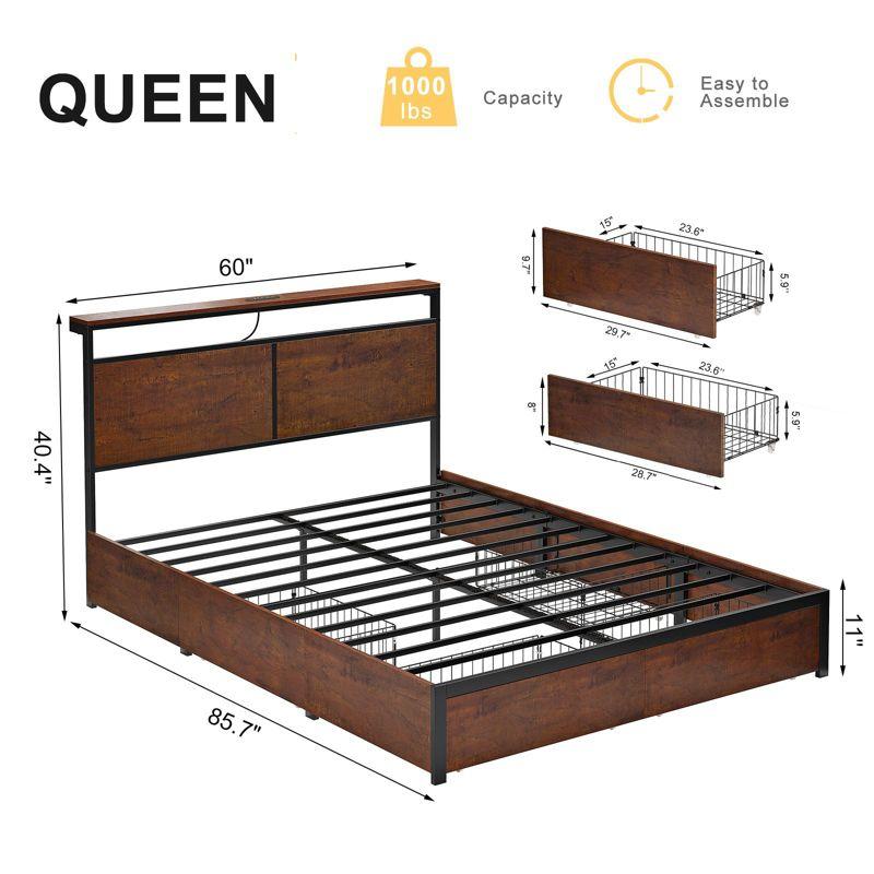 Hausource Modern Queen Bed Frame with LED Headboard, 4 Storage Drawers, No Box Spring Needed