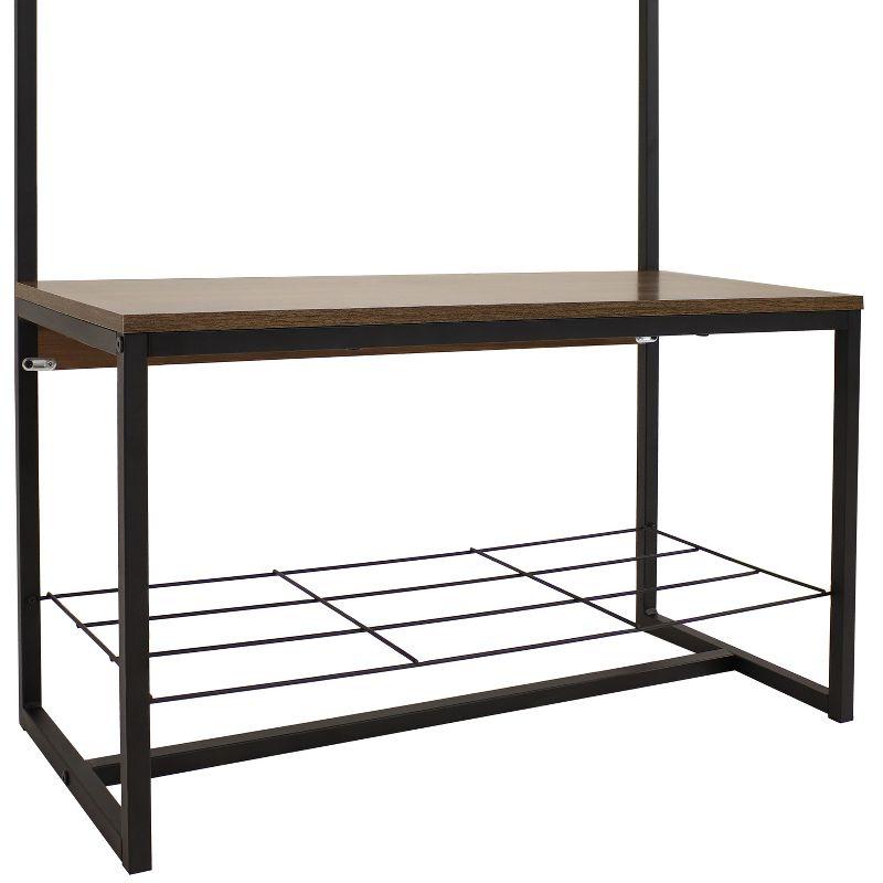 Sunnydaze Indoor Industrial-Style Hall Tree Bench with Coat/Shoe Rack - MDP Shelves with Powder-Coated Steel Frame - Brown - 67 in