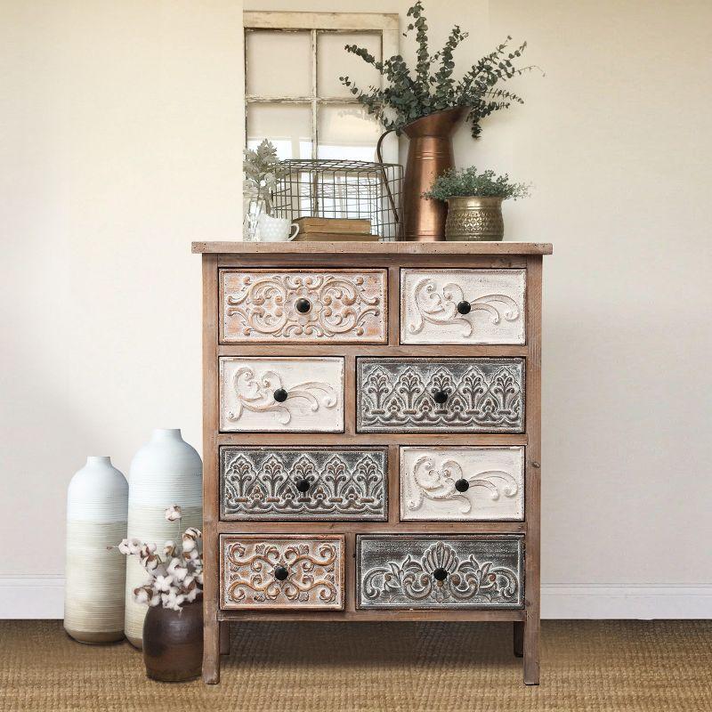 LuxenHome 8-Drawer 32.25" H x 25.75" W Rustic Carved Wood Accent Chest. Brown