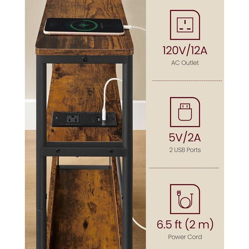 VASAGLE Side Table with Charging Station, Narrow End Table, 3-Tier Nightstand, Sofa Table for Small Spaces, Magazine Rack Rustic Brown and Ink Black