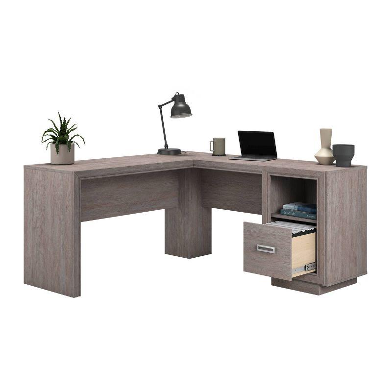 Gray Ashen Oak L-Shaped Computer Desk with Drawer and Filing Cabinet