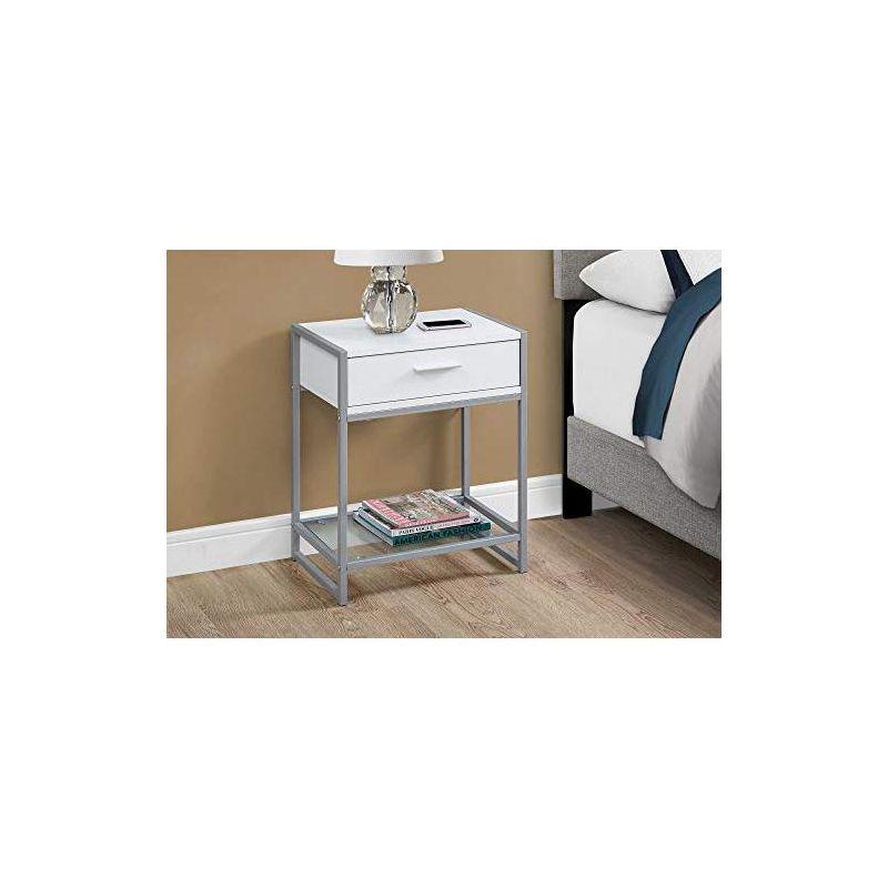 Monarch Specialties Accent Table Side End Nightstand Lamp Storage Drawer Metal Laminate Tempered Glass White Grey Contemporary Modern