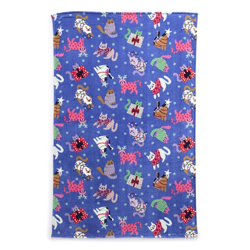 Christmas Cats Blue Fleece Throw Blanket 80" x 50"