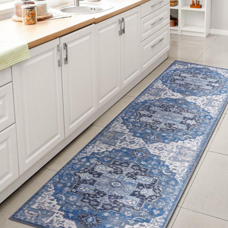 2' x 8' Maris Ornate Medallion Machine Washable Indoor/Outdoor Runner Rug, Blue/Navy - JONATHAN Y