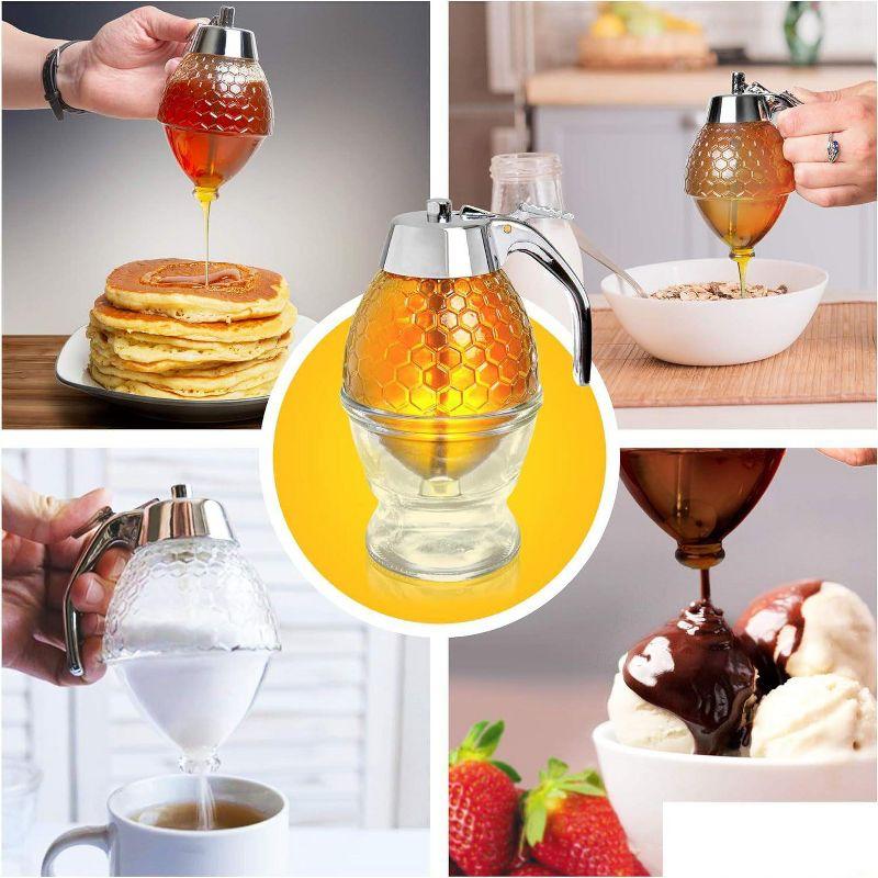 hunnibi Glass Honey Dispenser with Stand and Stainless Steel, Clear