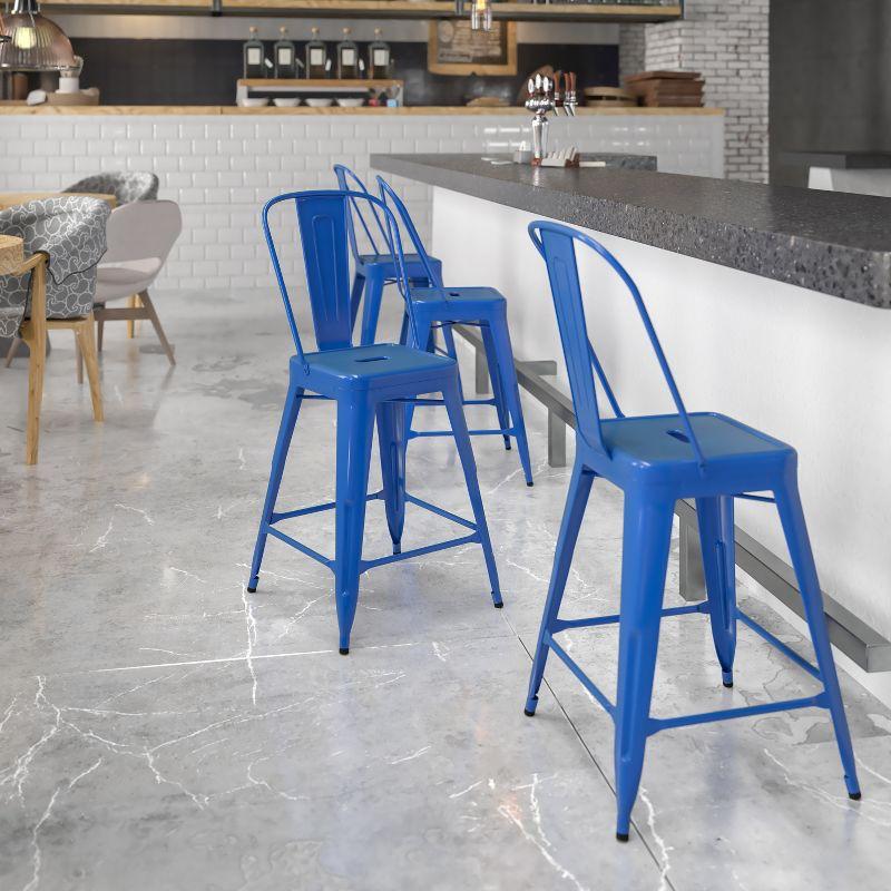 24" High Blue Steel Indoor-Outdoor Counter Stool with Removable Back