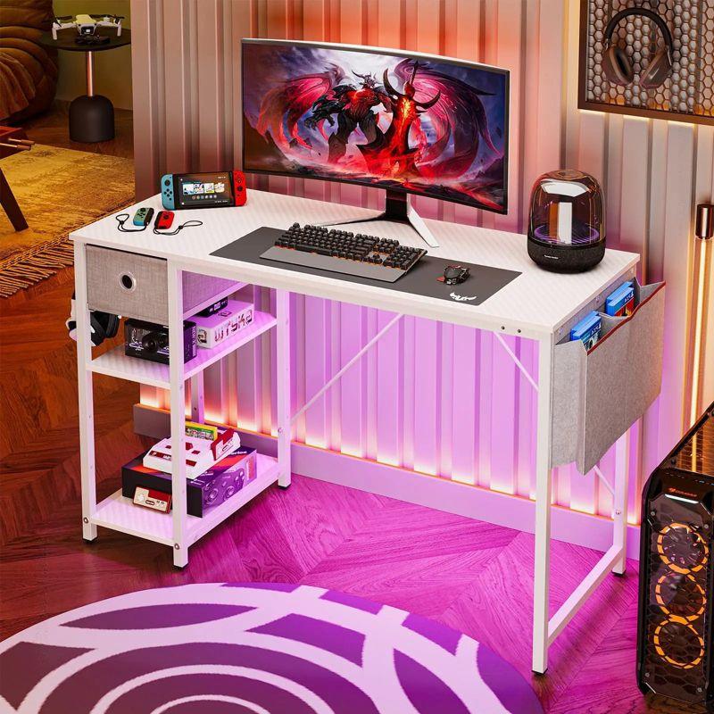 White Particle Board Computer Desk with Drawer and LED Light