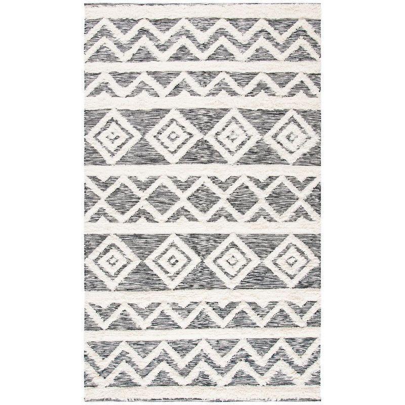 Bohemian Black and Ivory Hand-Knotted Wool Area Rug 6' x 9'