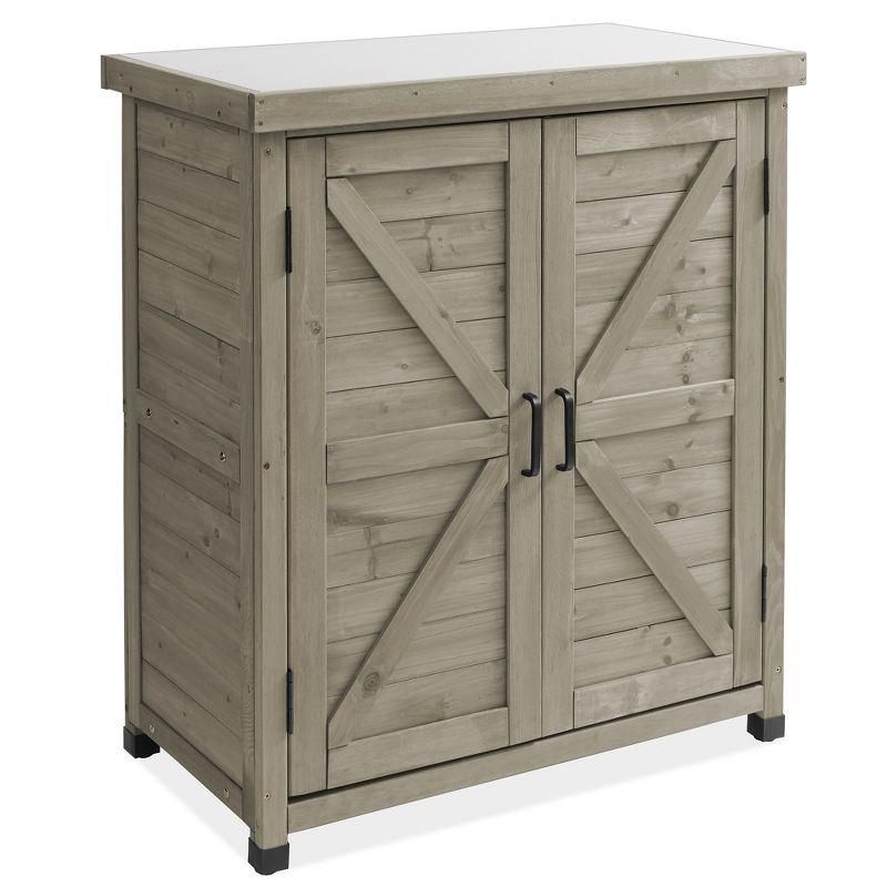 Casafield Outdoor Storage Cabinet and Potting Bench with Metal Tabletop and Storage Cabinet - Wooden Outdoor Garden Patio Workstation Table, Gray